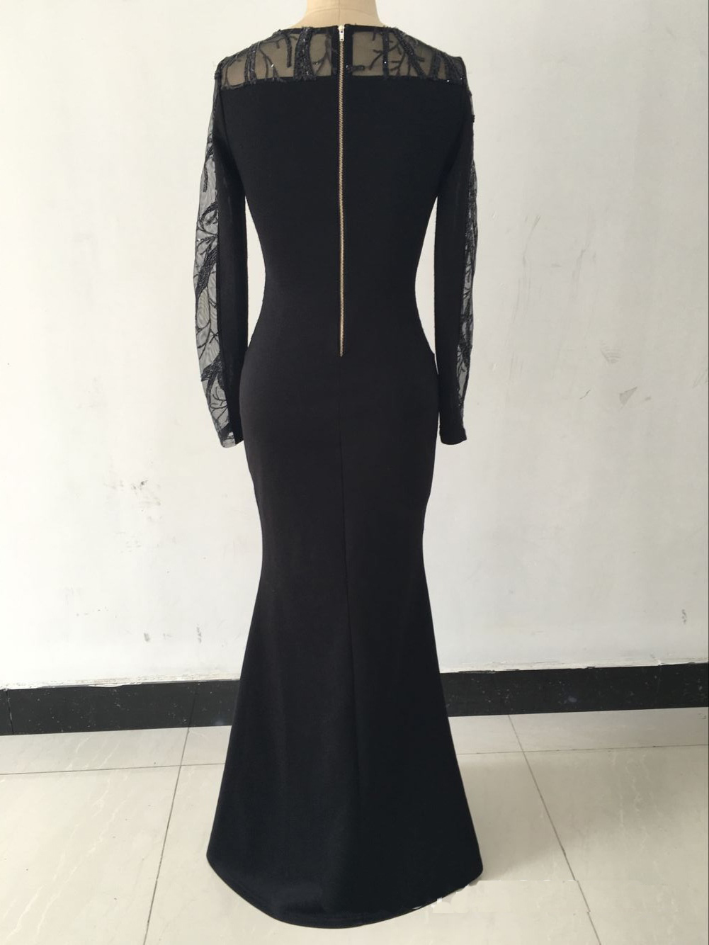 W25044  2016 New Arrival Sexy Long Sleeve Lace Black Maxi Dress